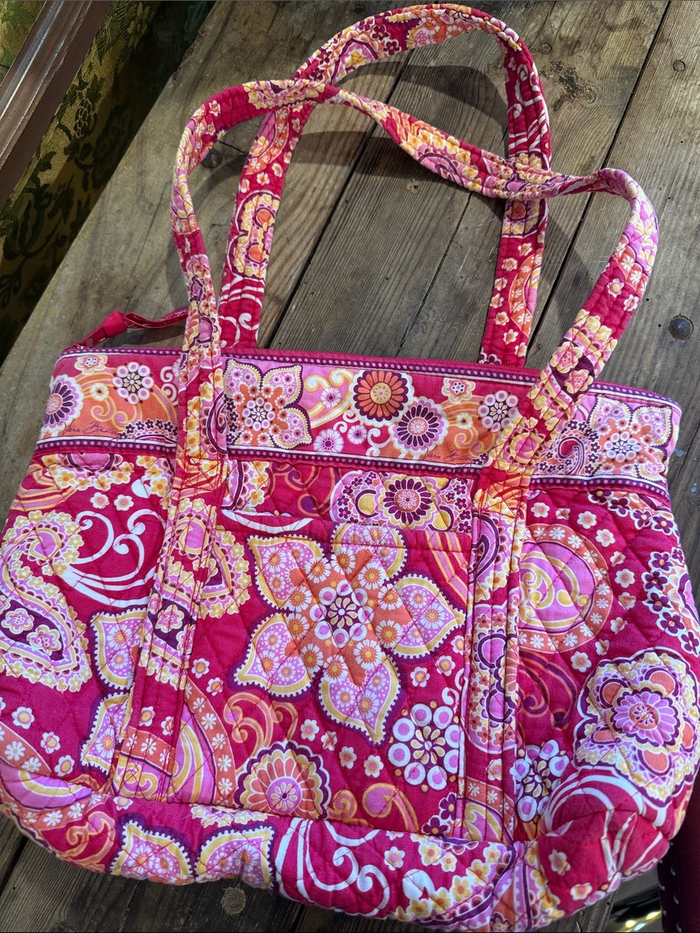 Vera Bradley Hot Pink Floral Quilted Tote with Orange & Cream Accents